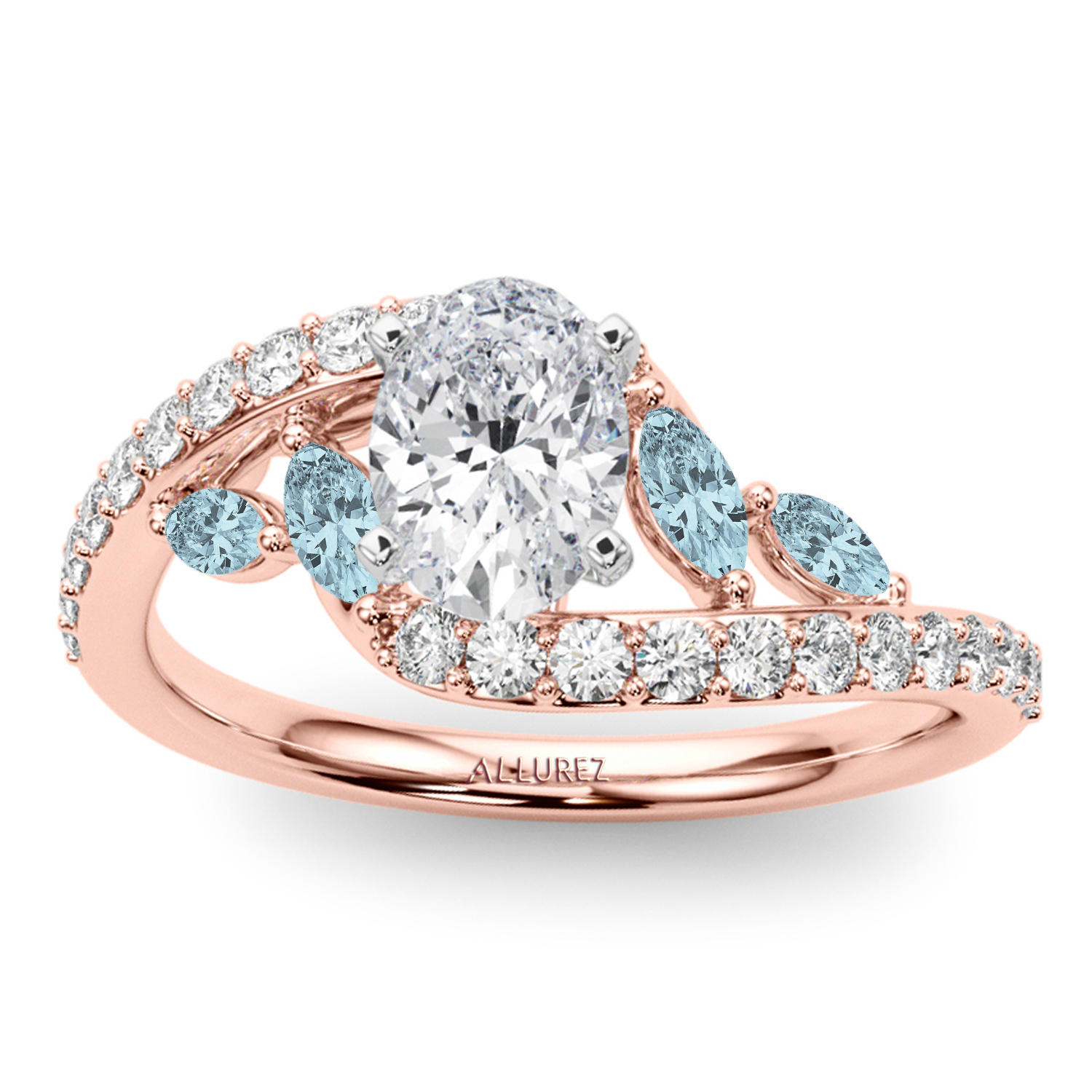 Swirl Design Diamond & Marquise Aquamarine Engagement Ring 14K Rose Gold (0.63ct)